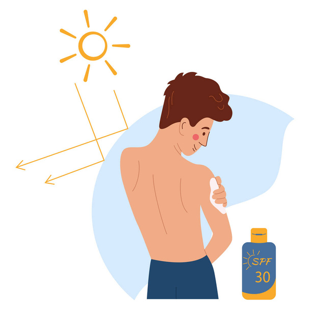 Ηλιακή προστασία επίπεδη σύνθεση υποβάθρου του νεαρού άνδρα χαρακτήρα εφαρμογή κρέμα και τον ήλιο με ανακλαστικά βέλη διανυσματική απεικόνιση - Διάνυσμα, εικόνα