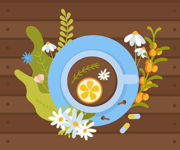 Herbal medicine flat wooden background with top view of cup with herb tee and lemon spice vector illustration - Vektör, Görsel