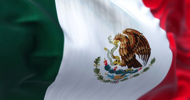 Close-up view of the mexican national flag waving in the wind. Mexico is a country in the southern portion of North America. Fabric textured background. Selective focus - Photo, Image