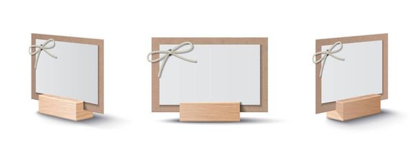 Cardboard empty place cards decorated with rope bow on wooden holder realistic set isolated vector illustration - Vektor, obrázek