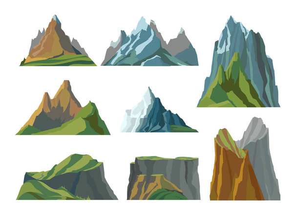 Горы плоский набор с породами различной формы и высоты изолированы на белом фоне векторной иллюстрации - Вектор,изображение