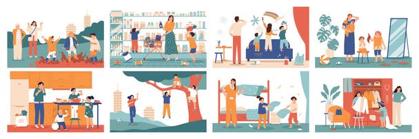 Flat childhood pranks set with parents and playful children making mess and misbehaving isolated vector illustration - Vettoriali, immagini