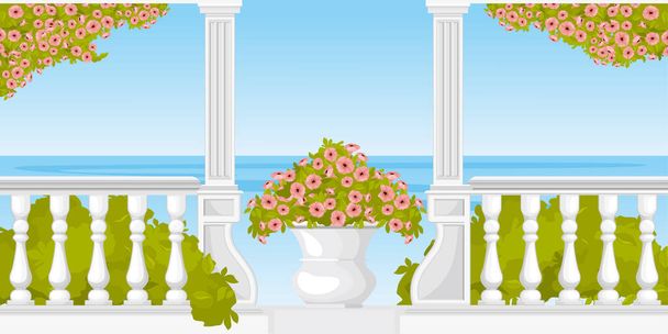 Balusters column terrace balcony composition with outdoor view of sea coast with flower vase and architecture vector illustration - ベクター画像
