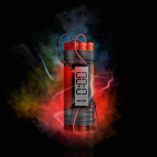 Realistic dynamite bomb with countdown timer in colorful smoke on black background vector illustration - Vettoriali, immagini