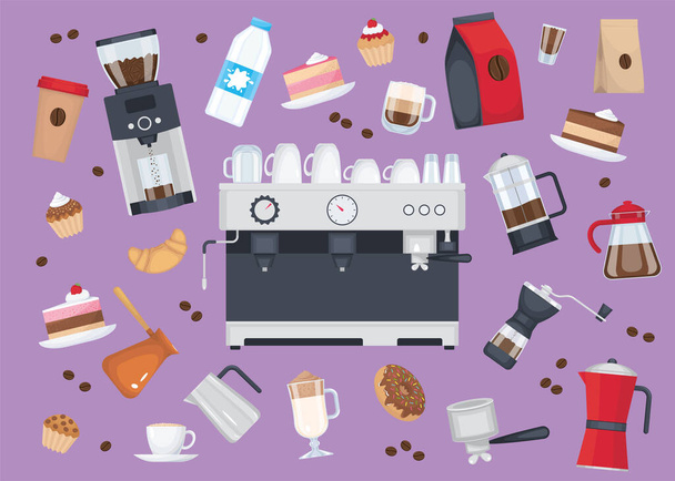 Barista coffee equipment set with flat isolated images of coffee making apparatus cookware and food products vector illustration - Vector, Image