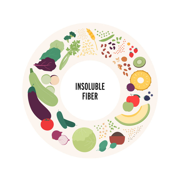 Food guide for healthy eating concept. Vector flat design various insoluble fiber sources products colorful symbol in circle frame isolated on white background. - Vetor, Imagem