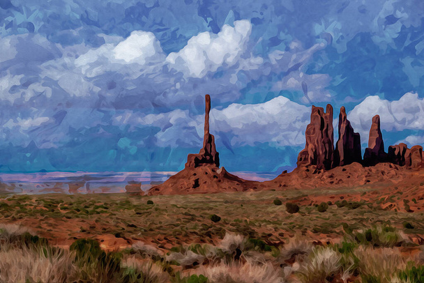 Digitally created watercolor painting of colorful scenic of Totem Pole spire in Monument Valley. High quality illustration - Photo, Image