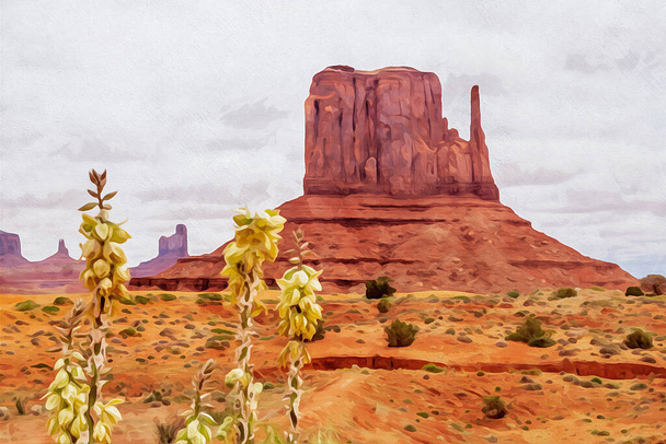 Digitally created watercolor painting of yucca flowers with the East Mitten Butte at Monument Valley. High quality illustration - Foto, imagen