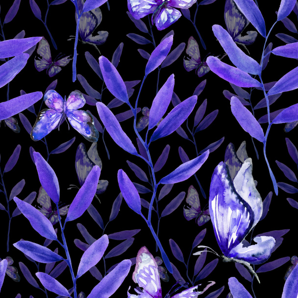 Seamless pattern with cute hand drawn blue branches and butterfly on dark background - Foto, Bild