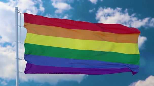 Σημαία ΛΟΑΤ του Ουράνιου Τόξου να κυματίζει στον γαλάζιο ουρανό. Σημαίες υπερηφάνειας ΛΟΑΤ για ομοφυλόφιλους, λεσβίες, αμφιφυλόφιλους και τρανσέξουαλ. 3D εικονογράφηση. - Φωτογραφία, εικόνα
