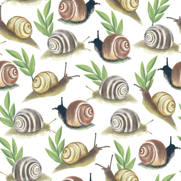 Seamless pattern with painted snails and green twigs on a white background - Zdjęcie, obraz