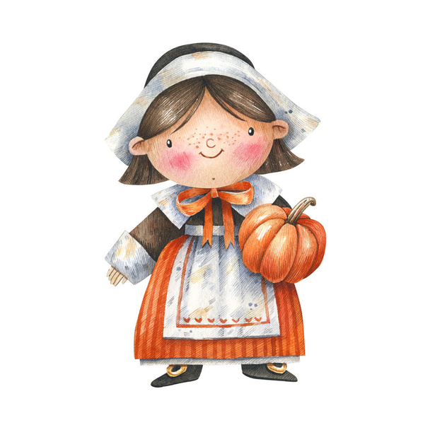 Cute girl in a pilgrim costume with a pumpkin in her hands, watercolor illustration in a cartoon style. Thanksgiving day traditional character on white background. Watercolor clipart. - Foto, Bild