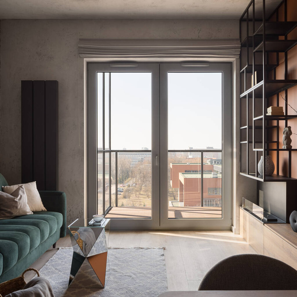 Big window doors to balcony in stylish living room with cozy sofa and modern bookshelves - Fotoğraf, Görsel
