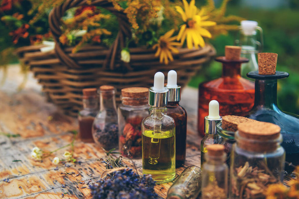 Medicinal herbs and tinctures on the table. Selective focus. Nature. - Photo, Image