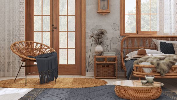 Boho κομψό υπνοδωμάτιο αγροικία με μπαστούνι κρεβάτι και ξύλινα έπιπλα. Χαλί γιούτα και διακοσμητικά σε λευκό και γκρι τόνους. Vintage ταπετσαρία, μποέμικο εσωτερικό σχεδιασμό - Φωτογραφία, εικόνα