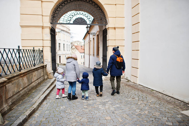 Family walking at historical Mikulov Castle, Moravia, Czech Republic. Old European town. - Valokuva, kuva