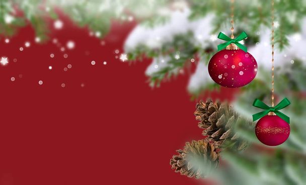 Christmas tree and red ball on festive blurred background banner template copy space  - Foto, Bild