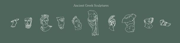 Modern line art set of ancient Greek sculpture, vector illustrations on green background - Wektor, obraz