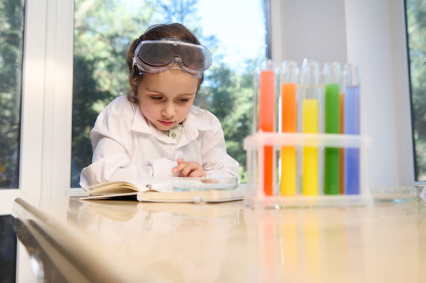 European smart preschooler girl in protective eyewear and white lab coat, future scientist chemist learns chemistry, sits at a table with test tubes with rainbow color chemical solutions on a tripod - Foto, afbeelding