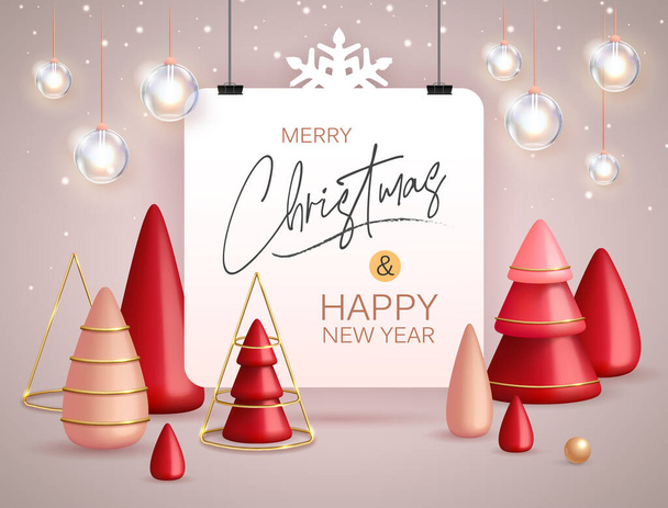 Christmas holiday background with realistic 3D plastic Christmas trees. Merry Christmas and Happy new Year greeting card. Vector illustration - Vecteur, image