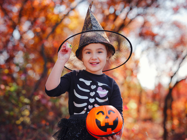 Young girl in black costume goes trick or treating. Little witch, Kids with jack-o-lantern. Children with candy bucket in fall forest. Happy Halloween. - 写真・画像