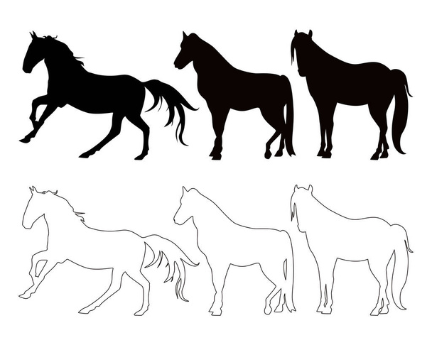 Black silhouettes of horses. Vector illustration of horses, silhouettes on a white background - ベクター画像