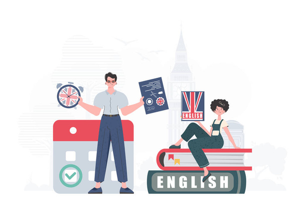 The concept of learning English. Man and woman English teacher. Trendy cartoon style. Vector. - Vector, Image
