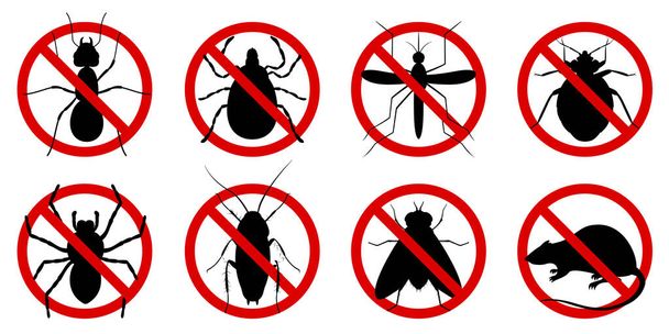 Απαγόρευση καταπολέμησης παρασιτικών εντόμων. Σταμάτα, προειδοποίηση, το απαγορευμένο εικονίδιο του εντόμου. Όχι, να απαγορεύσει τα σημάδια των κατσαρίδων, αράχνες, μύγα, ακάρεα, τσιμπούρια, κουνούπια, μυρμήγκια, αρουραίους, bug - Διάνυσμα, εικόνα