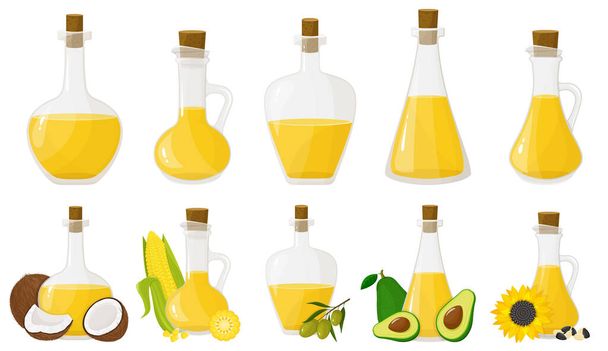 A set of glass bottles with different oils. Olive, sunflower, corn, coconut, and avocado oils. Flat design, vector - Wektor, obraz