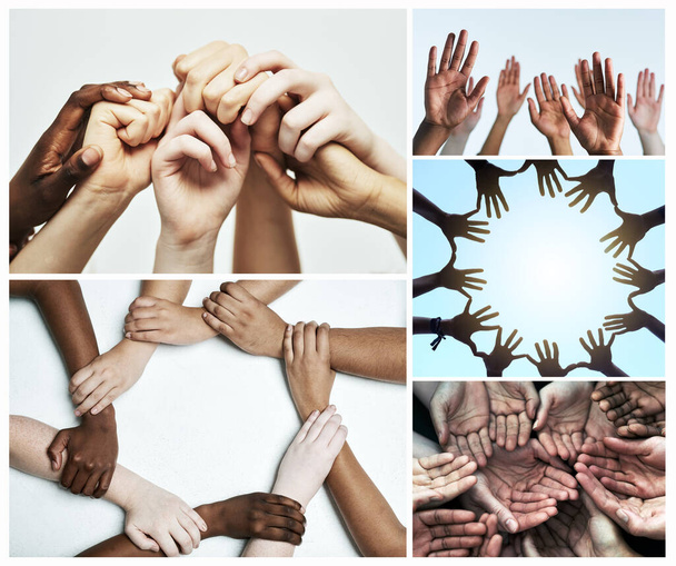 Get hands on. Composite image of groups of hands in various gestures - Photo, image