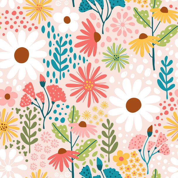 Colorful Flowers Pattern in hand drawn style - Vector, Imagen