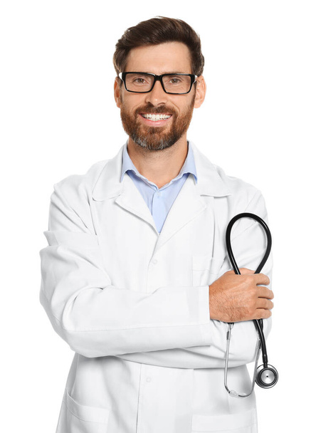 Portrait of doctor with stethoscope on white background - Фото, изображение