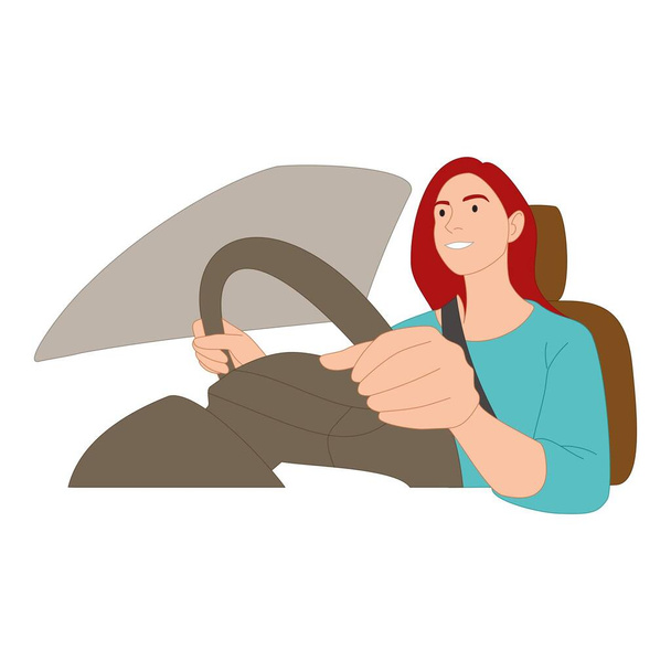 Girl driving a car. Flat Illustration. Vector image - Vetor, Imagem