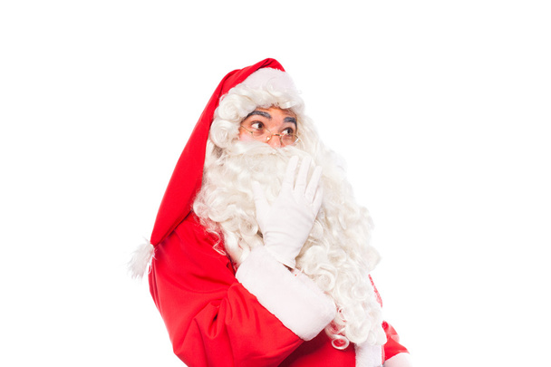 santa claus with glasses and white gloves on white, with copy sp - Foto, Imagem
