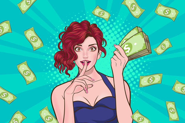 surprise business woman successful and shocking with Falling Money say WOW OMG Pop art retro comic style - Vector, Imagen