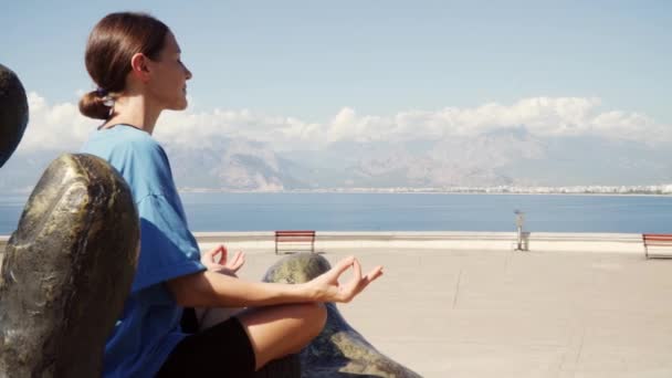 Kobieta medytuje w naturze z widokiem na morze. Wysokiej jakości materiał 4k - Materiał filmowy, wideo