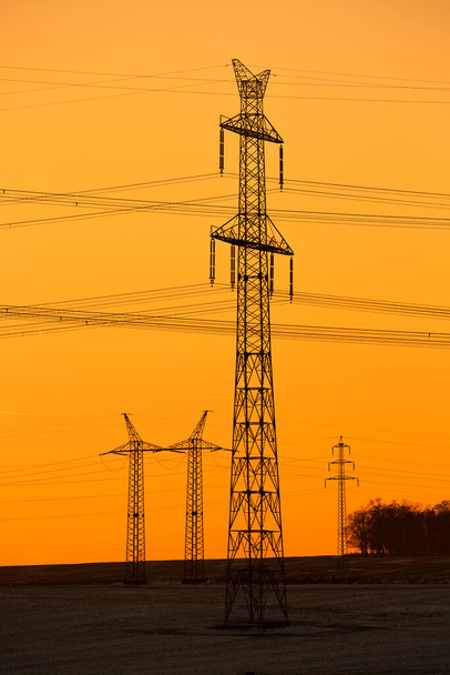 High voltage lines and power pylons in a spring agricultural landscape at sunset - Zdjęcie, obraz