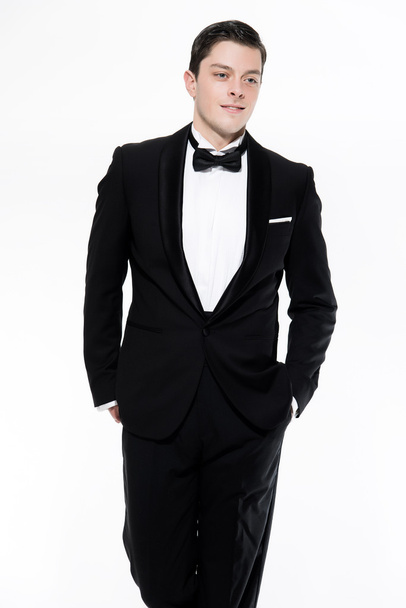 New year's eve fashion man wearing black dinner jacket. Isolated - Foto, Imagen