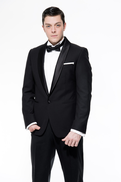 New year's eve fashion man wearing black dinner jacket. Isolated - Foto, Imagen