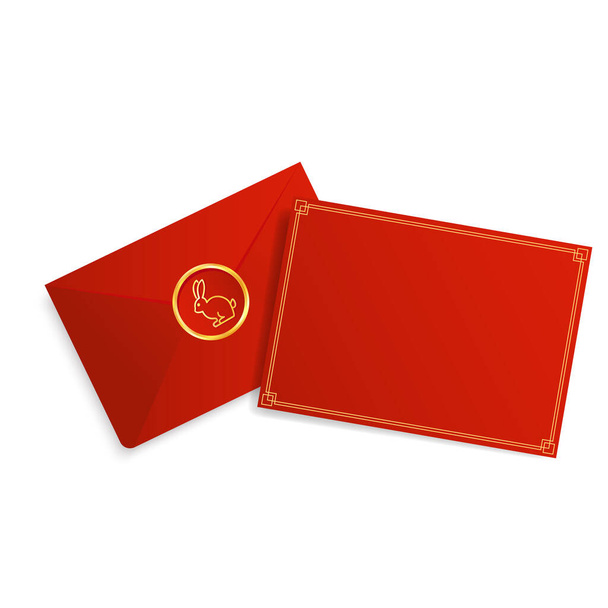 Kínai jutalom. Piros papírcsomag. Borítékvektor. Boldog kínai újévet. Boldog kínai újévi üdvözlőkártyát 2023 kis nyúl nyuszi év a nyúl állatöv. - Vektor, kép