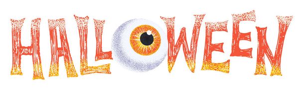 Hand drawn Halloween inscription in candy corn palette colors. Creative lettering with human eyeball for Halloween party - Vektor, obrázek