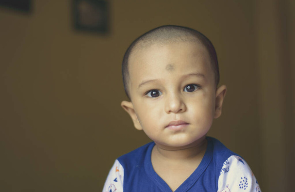 Χαριτωμένο φαλακρό ινδικό αγοράκι με μπλε και άσπρο πουκάμισο να κοιτάει αλλού. Πυροβολισμός στο κεφάλι και στον ώμο. Κλείσε.. - Φωτογραφία, εικόνα