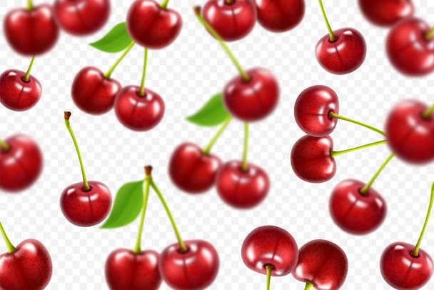 Flying red cherry background. Realistic 3d quality vector. Collection set of Cherries isolated on a white background - Vektor, Bild