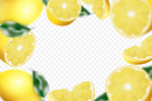 Lemon background. Flying defocusing lemon with green leaf on transparent background. 3D realistic fruits. Lemon falling from different angles. Isolated Vector illustration - Вектор,изображение