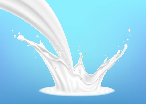 Melk spatten geïsoleerd op blauwe achtergrond. Illustratie van melk gieten met spatten tegen een blauwe achtergrond. Realistische 3d-vector - Vector, afbeelding