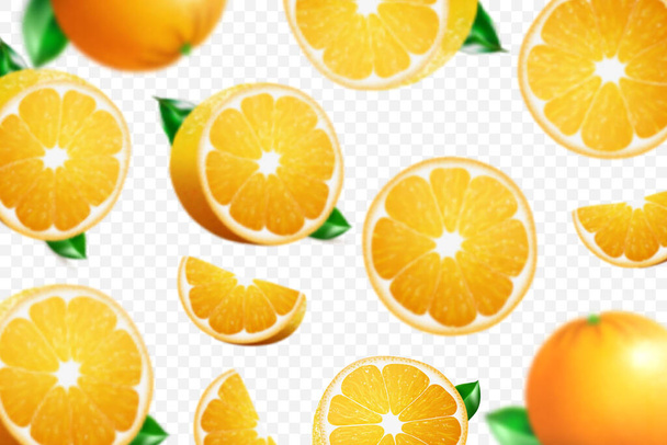 Falling juicy oranges with green leaves isolated on transparent background. Flying defocusing slices of oranges. Applicable for fruit juice advertising. Realistic 3d Vector illustration. - Vektor, Bild