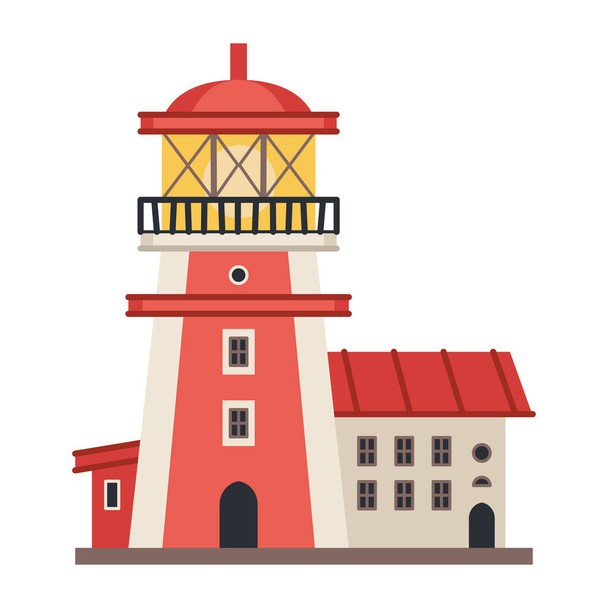 Sea detailed lighthouse icon isolated on white - vector. Beacon tower with searchlight lamp isolated icon. Vector nautical striped tower, navigation symbol, seafarer beacon. - Vector, Image