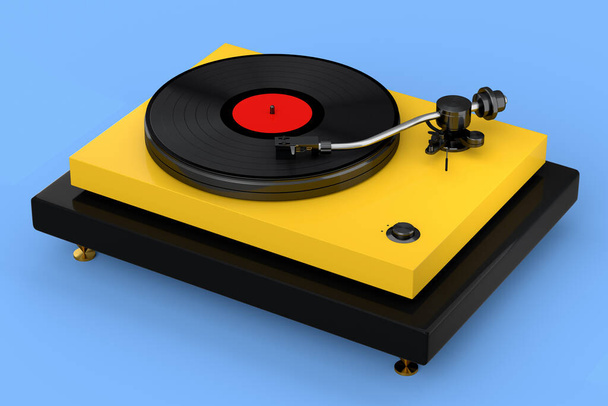 Vinyl record player or DJ turntable with retro vinyl disk on blue background. 3d render of sound equipment and concept for sound entertainment. - Fotoğraf, Görsel