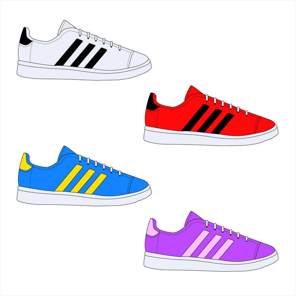 Set of shoes sneakers. sneakers in white, red, violet, blue depicted on a white background. - Vektör, Görsel