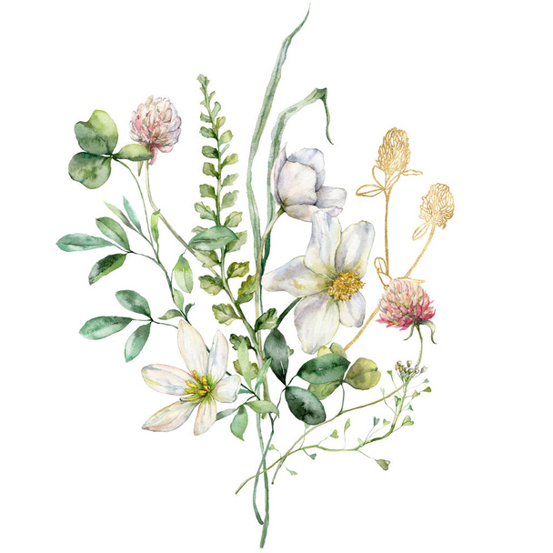Watercolor meadow flowers bouquet of buttercup, geranium and capsella. Hand painted floral poster of wildflowers isolated on white background. Holiday Illustration for design, print, background - Foto, Imagen